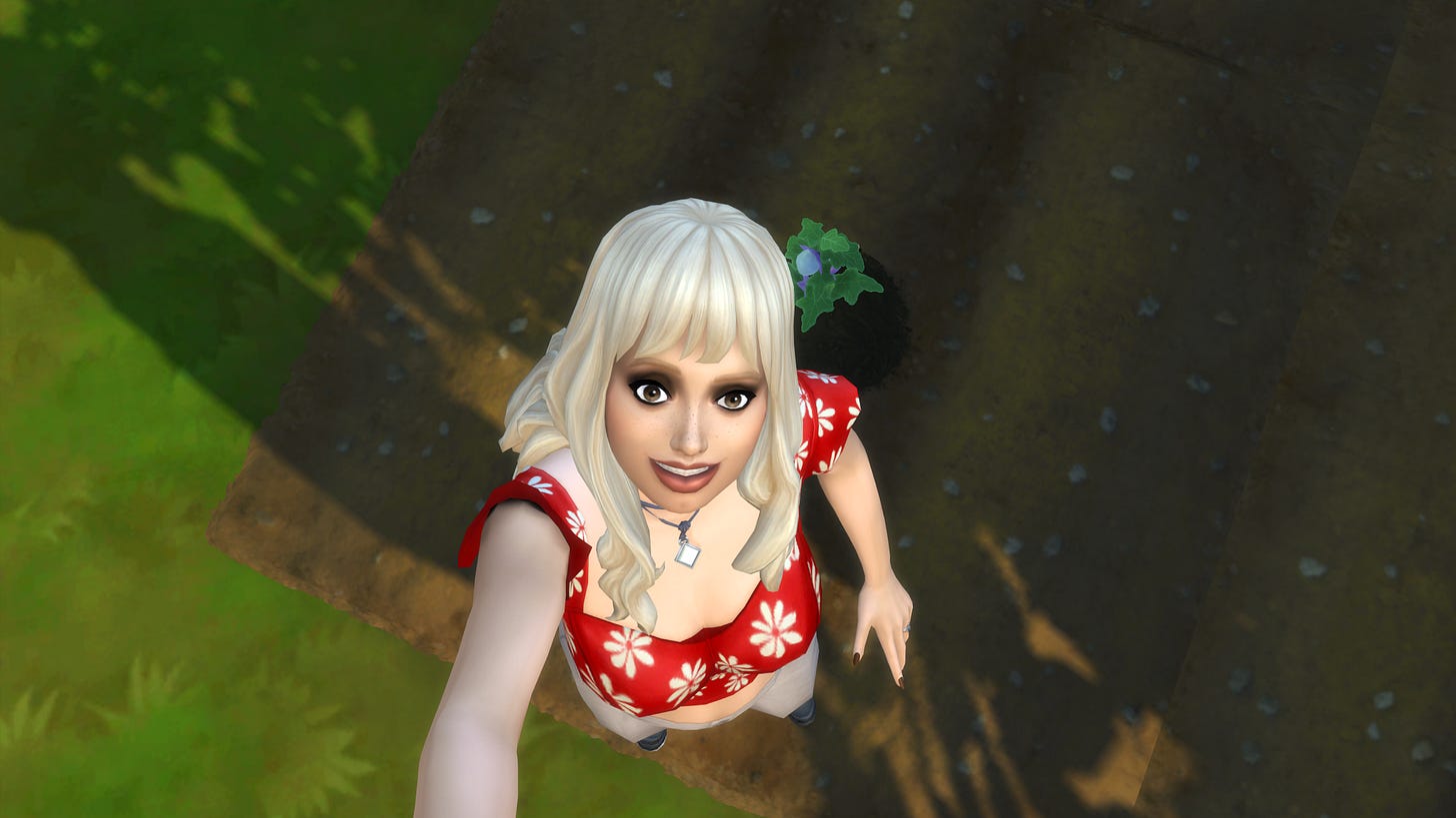 The same Sim from before, taking a selfie in front of a garden patch. There's a vegetable growing, the Sim smiles into the camera.