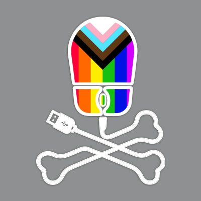 Distributed Denial of Secrets logo formed by a rainbow flag in the shape of a computer mouse with a wire