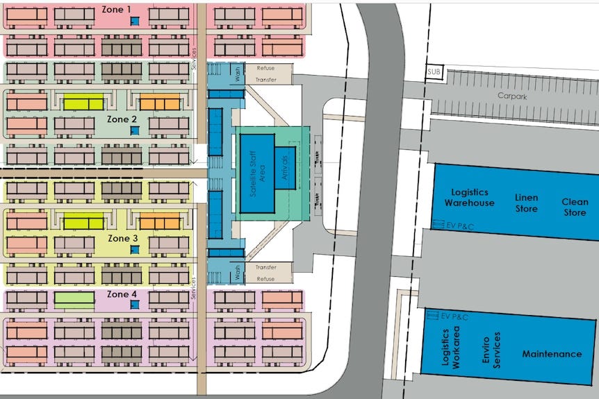 Coloured 2D plans of the future Wellcamp quarantine facility, showing rows of cabins, roads and logistics areas.
