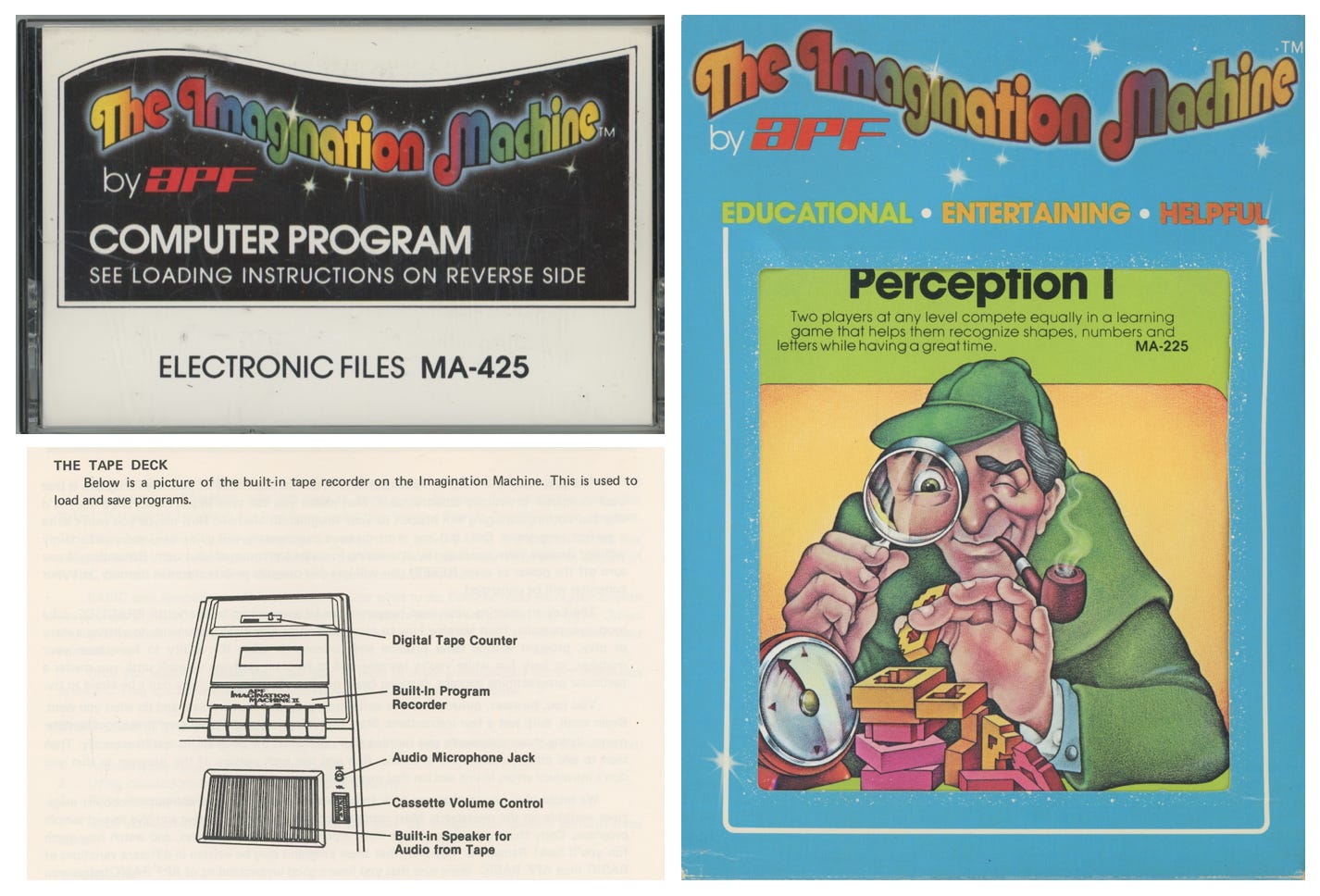 3 images. Top left: a cassette case, program Electronic Files. has the rainbow The Imagination Machine by APF logo. bottom left: a diagram of the Imagination Machine tape deck. Right: software box for the game Perception, with an illustration of a man dressed like sherlock looking through a magnifying glass at a puzzle next to a clock, with the The Imagination Machine rainbow logo across the top.