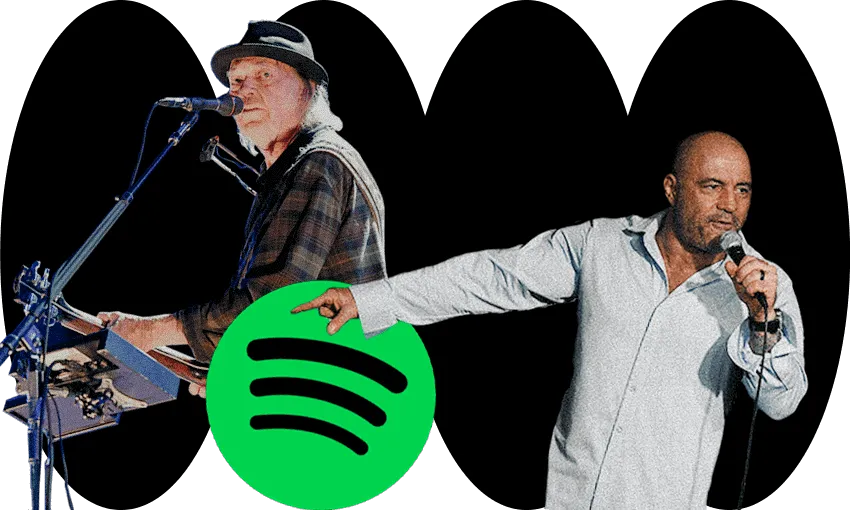 Neil Young, left, and his former Spotify stablemate, podcaster Joe Rogan, right (Image: Tina Tiller) 
