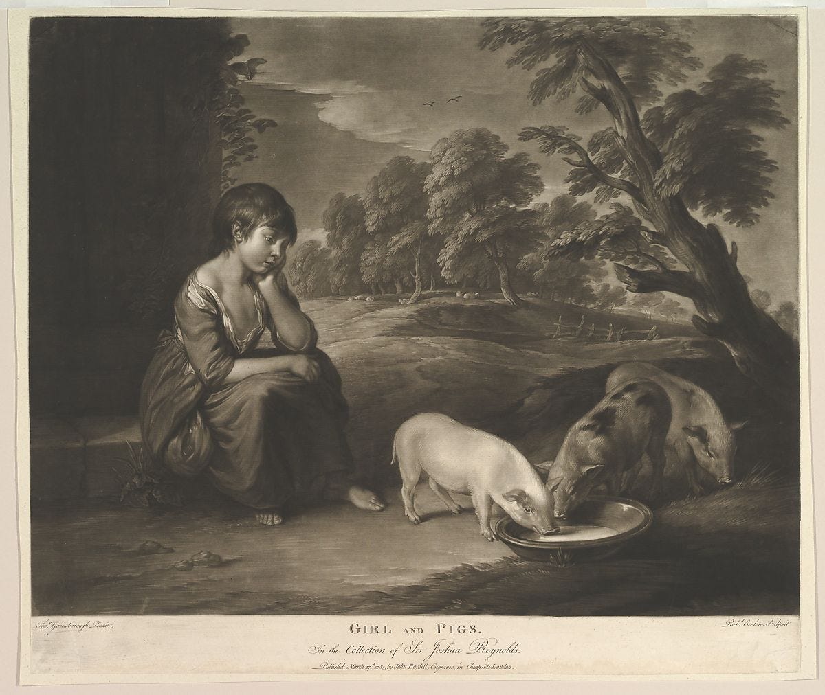 Girl and Pigs, Richard Earlom (British, London 1743–1822 London), Mezzotint 