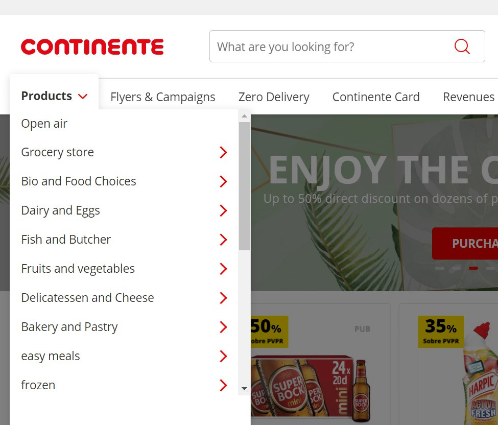 Continente product category screenshot.