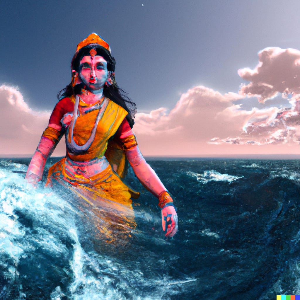 A light-skinned woman stands in the dark ocean water with a twilight sky and pale pink clouds above. She is wearing a red and orange sari and her long dark hair hangs loose down to her waist. She are wearing a golden crown and a golden necklace that hangs over her breasts.