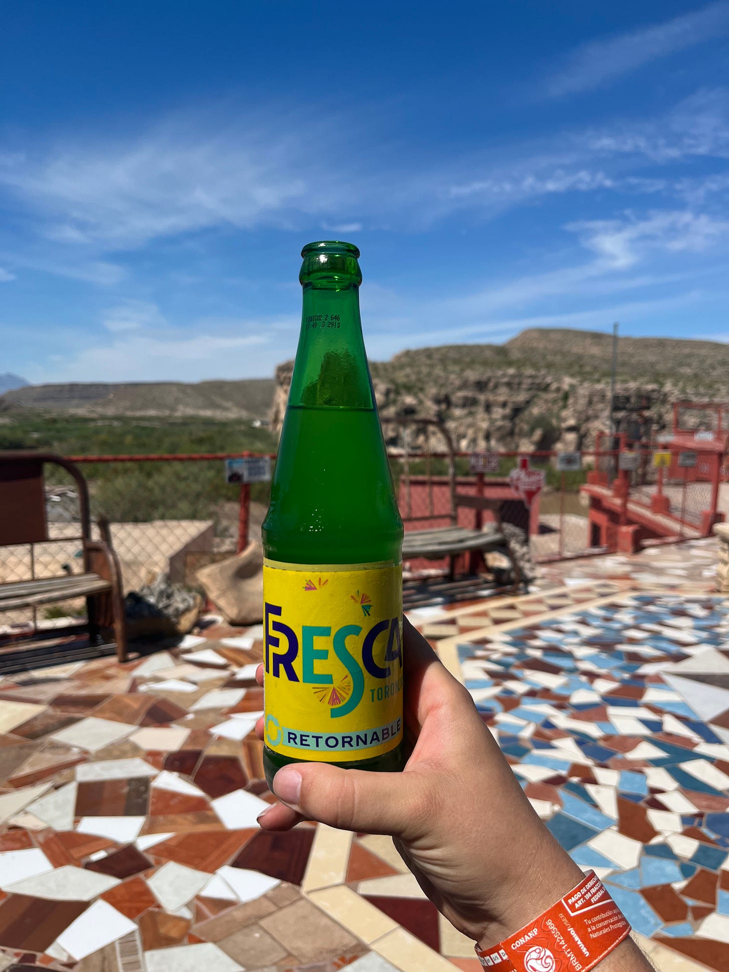 a green glass bottle of fresca soda, held in my hand to cheers the back patio of a restaurant in mexico