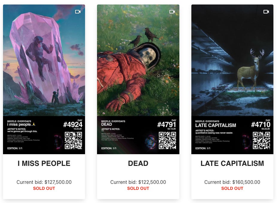 Sold works of crypto art by Beeple.