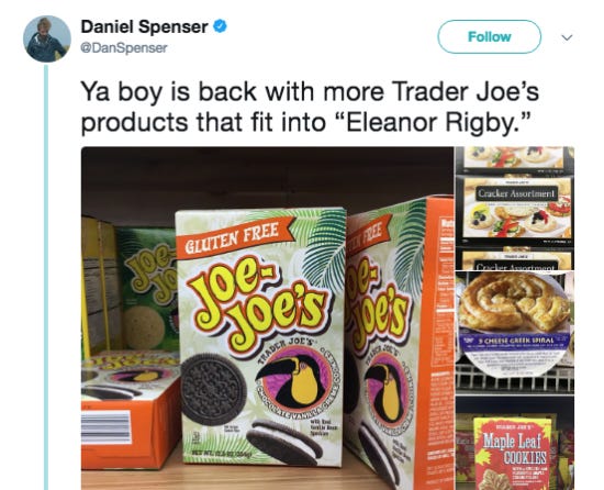 Screenshot of a funny tweet about Trader Joe's products