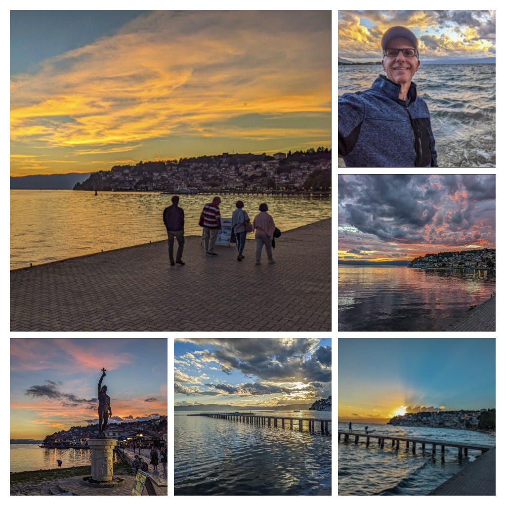 A collage showing a variety of sunsets including with orange clouds, pink skies, and others.
