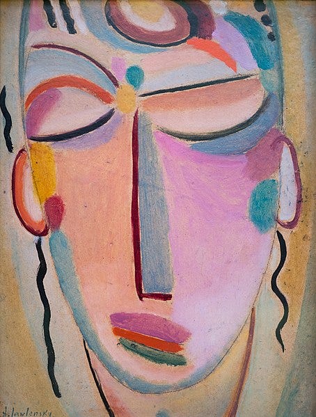 A colorful painting of a meditating face, somewhat in abstract