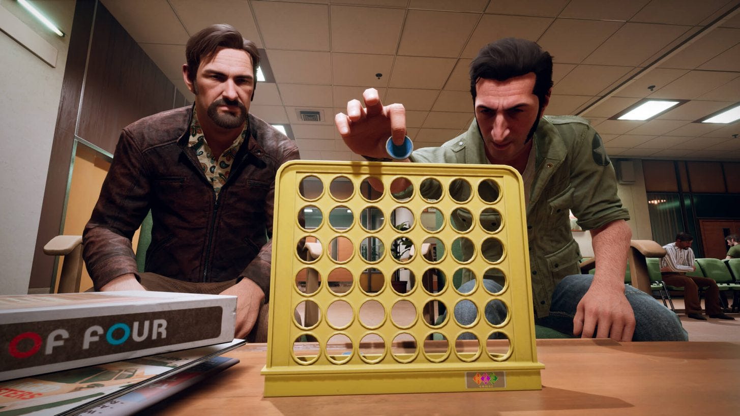 Screenshot of A Way Out. Leo and Vincent are playing Connect Four.