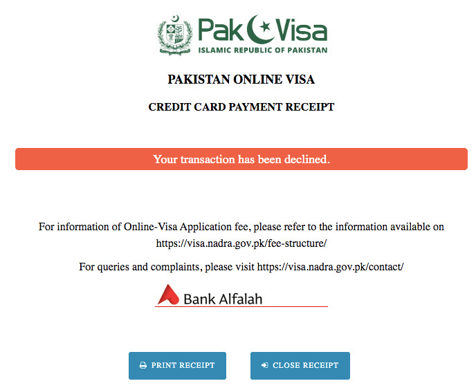 Pakistan online visa declined