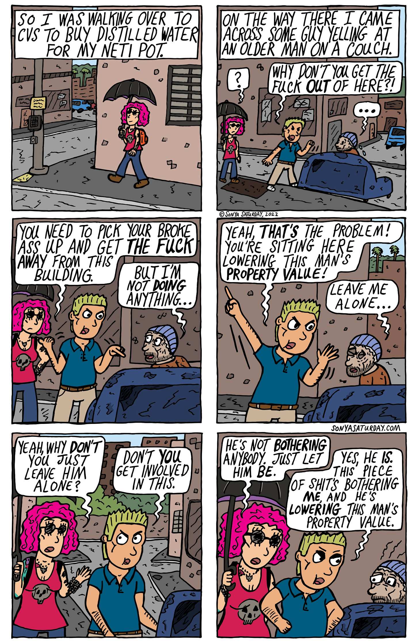 Comic strip in which Sonya Saturday confronts a douchey guy yelling at a homeless man