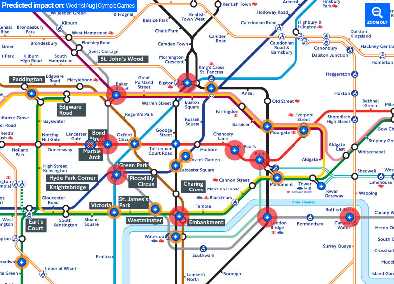 A London Underground Map showing likely problem areas on 1st August 2012. Euston, Bank, Embankment, Bond Street, Baker Street, and London Bridge are the most notable problem areas