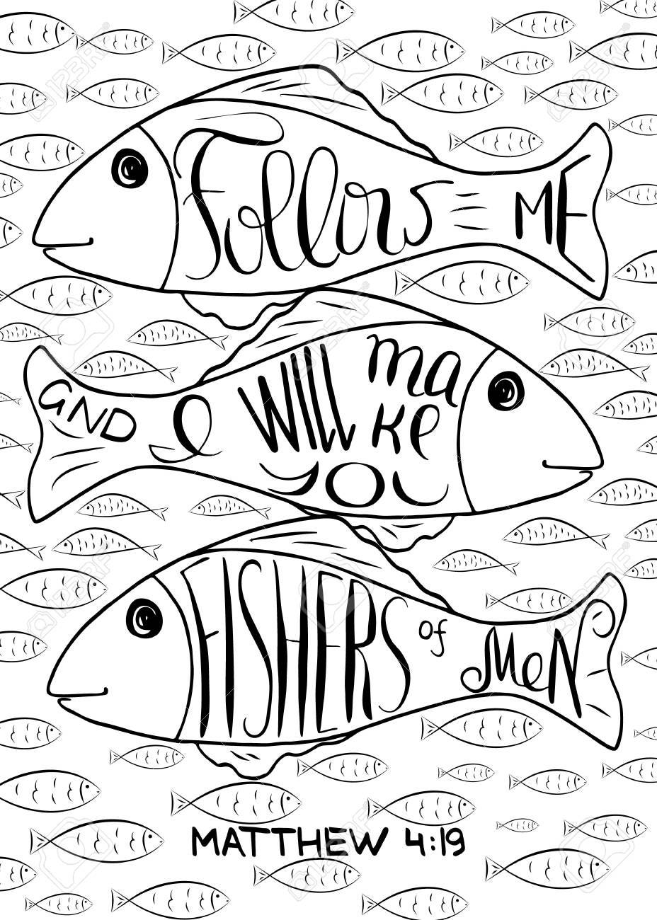 Three large fish outlines sit in the foreground with many smaller fish behind. The larger fish contain the text, "Follow me and I will make you fishers of men" from the Gospel of Matthew.