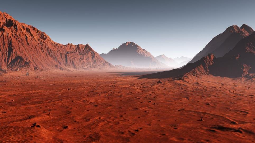 Illustration des Planeten Mars. Rote Oberfläche und Berge.