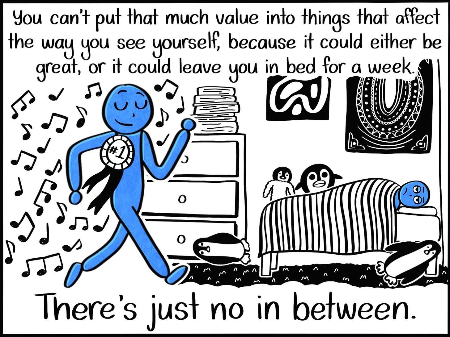 Caption: You can't put that much value into things that affect the way you see yourself, because it could be great, or it could leave you in bed for a week. There's just no in between. Image: On the left, the blue person marching with a #1 ribbon on their chest, musical notes surrounding them signifying gleeful humming. On the right, the blue person lying in bed, emotionless, penguins scattered around the room.