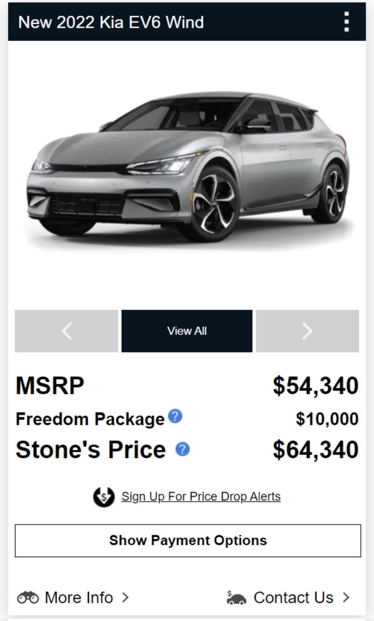 A car ad for a Kia with an option reading FREEDOM PACKAGE: $10,000