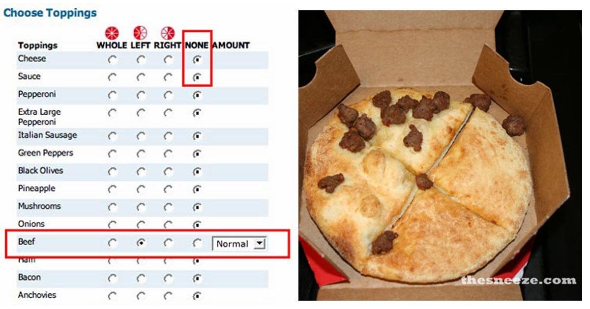 None pizza with left beef: deliciouscompliance