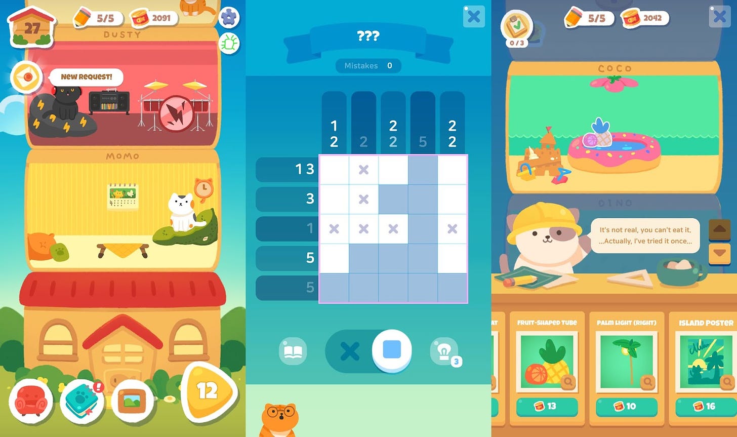 Telas de Meow Tower: Nonogram. A esquerda, a tela principal do jogo, com a torre e botões para iniciar os puzzles. No centro, a tela de nonograma, com um puzzle feito pela metade. A direita, a tela de compra de itens, com opções na parte inferior e o quarto em destaque no topo.
