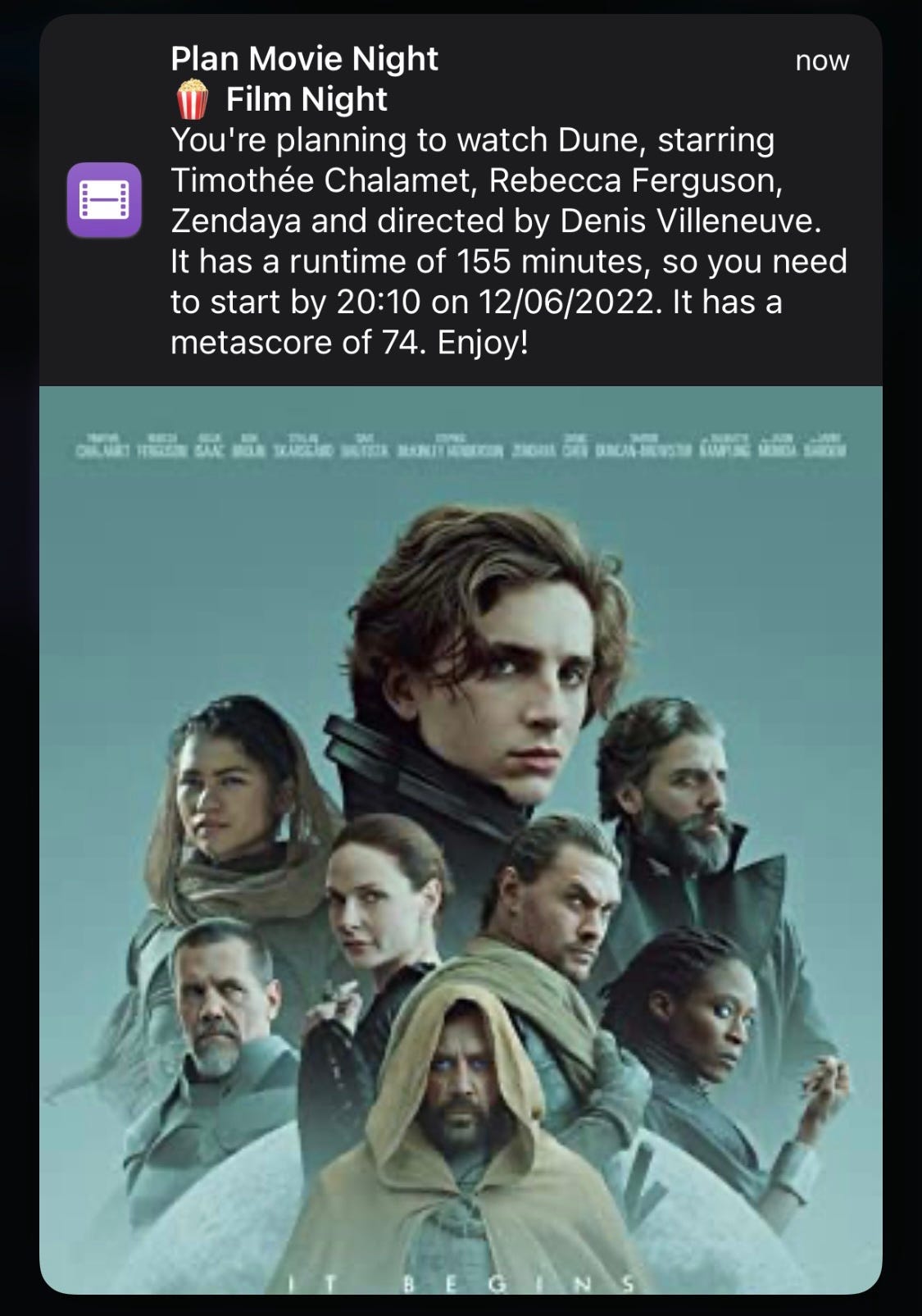 Screenshot of the notification provided by this shortcut, with the example of the movie Dune (2021)