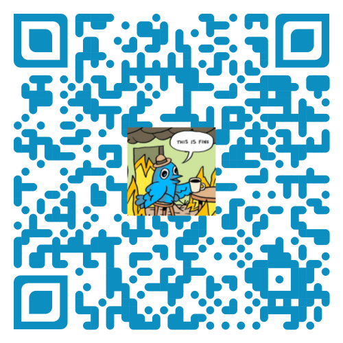 QR code with the this is fine bluebird meme in the center.