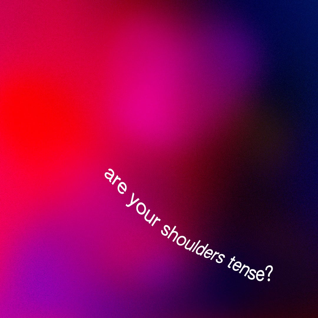 white text on a crimson red background. the colors of the background blend in a gradient, from a fiery red to a lingonberry blue. the white text reads, are your shoulders tense?