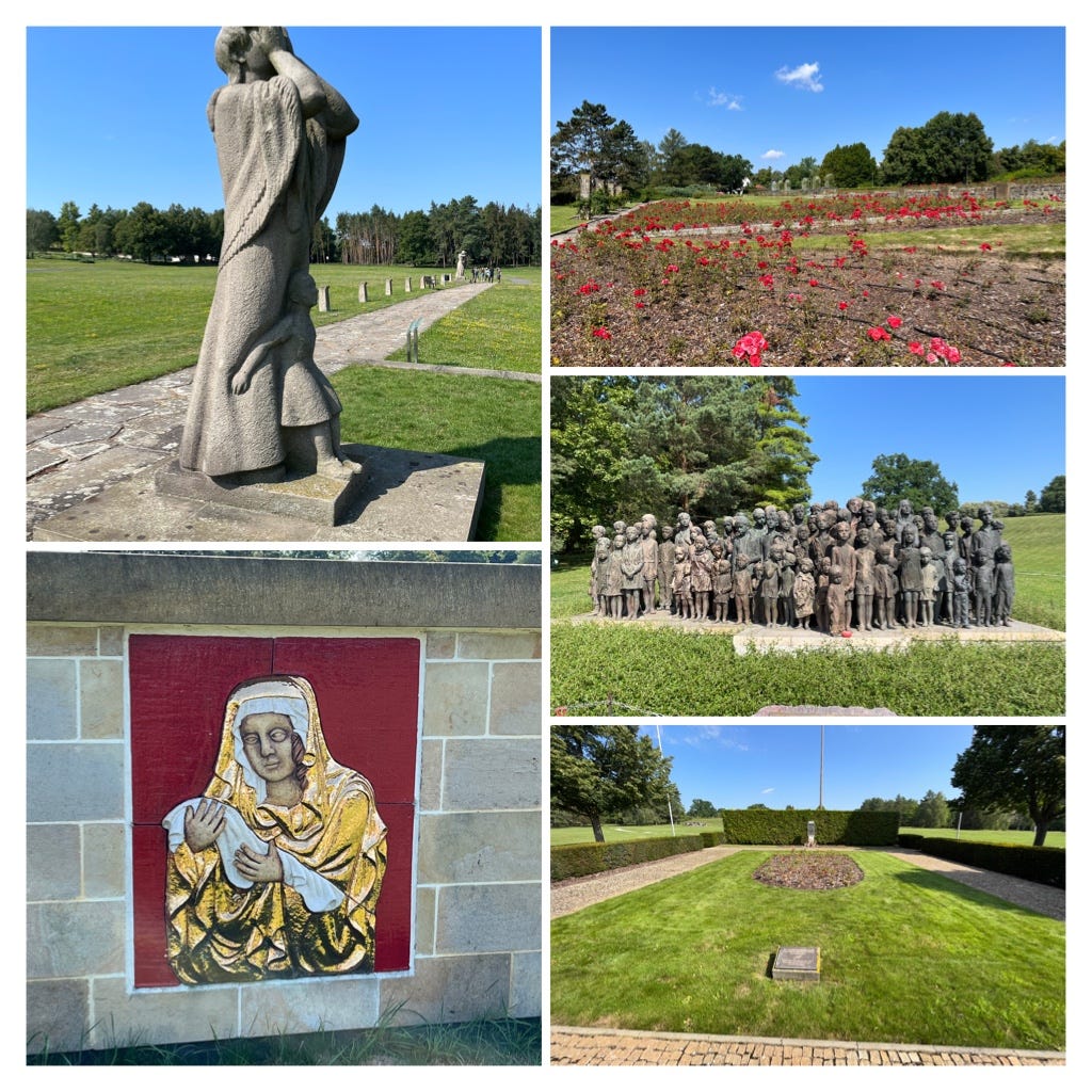A statue of a woman and child weeping, a rose garden, statues of many children to commemorate those slaughtered in the Lidice massacre, the mass grave for 173 men executed by Nazi sildiers, and a Madonna holding an empty blanket, without her child.