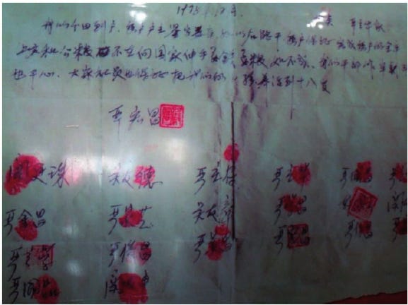 Photograph of the historical agreement signed by the farmers of Xiaogang Village, Anhui Province, in 1978. The agreement declares that the householders will partition the village’s common farmland among the families. If the government impri- soned or killed the farmers for this illegal agreement, the village’s leaders agreed that the community would feed their children until age 18. Source: Yi (2009). 