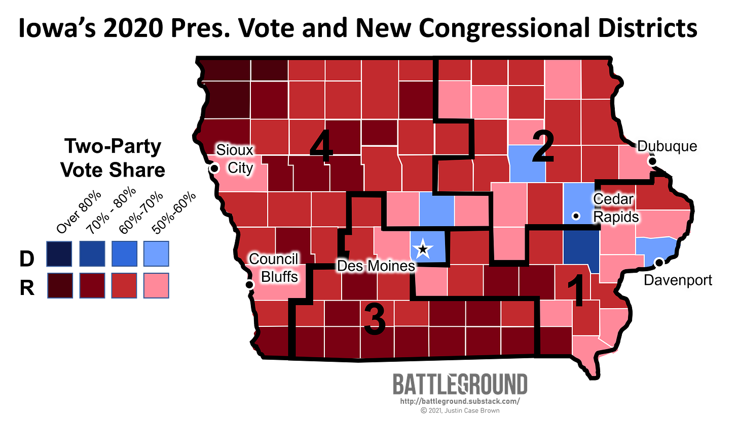 Iowa's 2020 Presidential Vote and New Congressional Districts