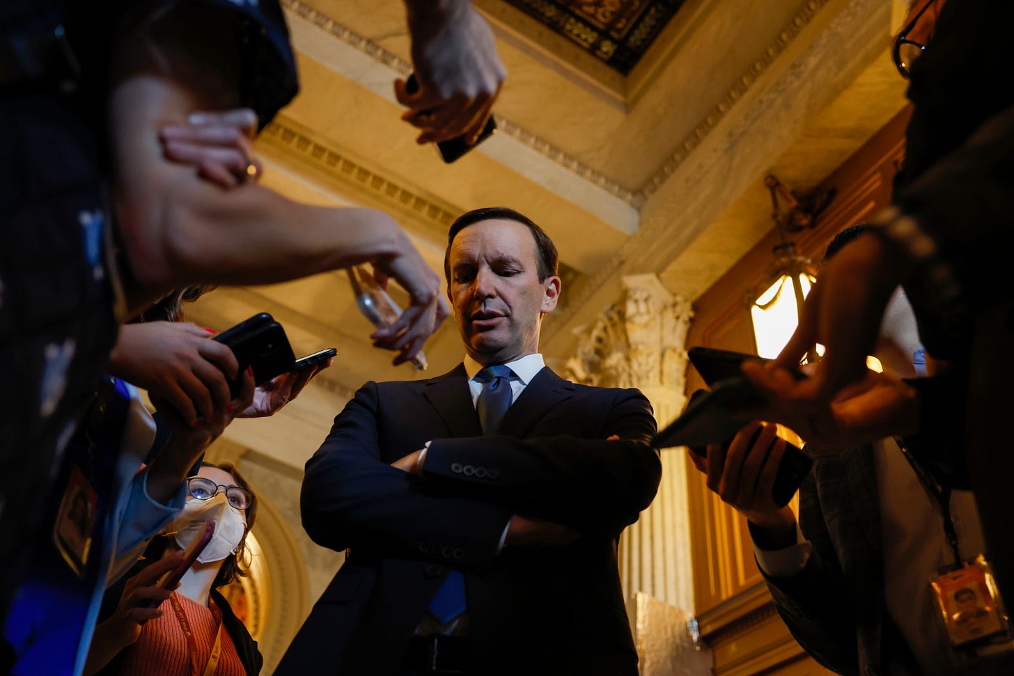 Sen. Chris Murphy (D-CT) speaks to reporters outside of the Senate Chambers of the U.S. Capitol on June 21, 2022 in Washington, DC. The bipartisan group of senators working on gun reform legislation returned to DC today after the long weekend and reported that progress is being made in the negotiations, saying text and action on the Senate floor for the legislation is imminent. (Photo by Anna Moneymaker/Getty Images)