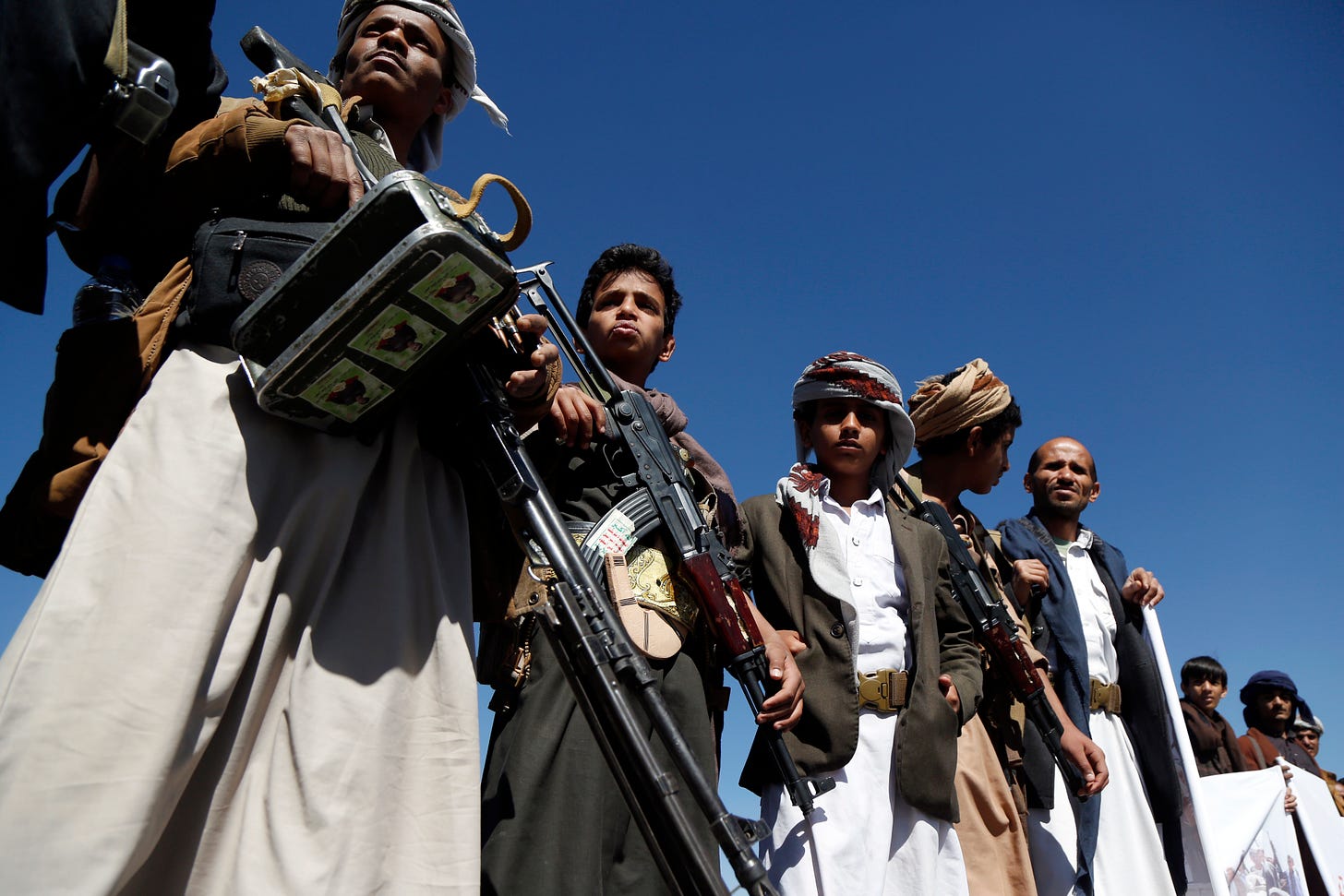 SANA'A, YEMEN - FEBRUARY 04: Yemen's Houthi supporters take part in a gathering to donate for fighters who fight against forces of the government of Abd Rabbu Mansour Hadi, on February 04, 2021 in Sana'a, Yemen. (Photo by Mohammed Hamoud/Getty Images)