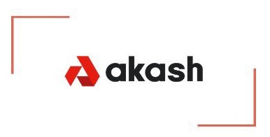 Akash network logo in red brackets, upper left and lower right corners
