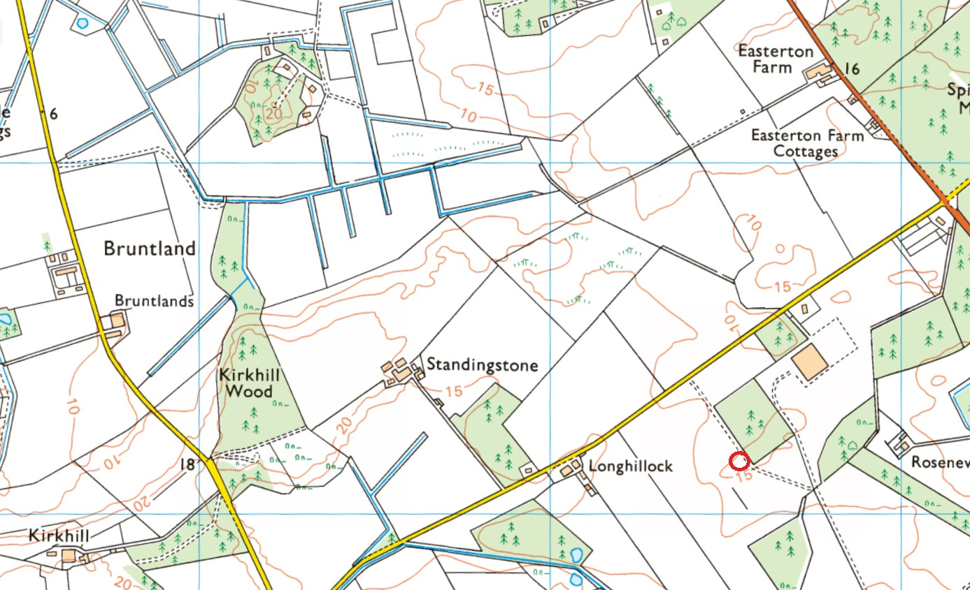 Current OS map of the area, with my understanding of the original location of the stone marked with a red circle, east of Longhillock