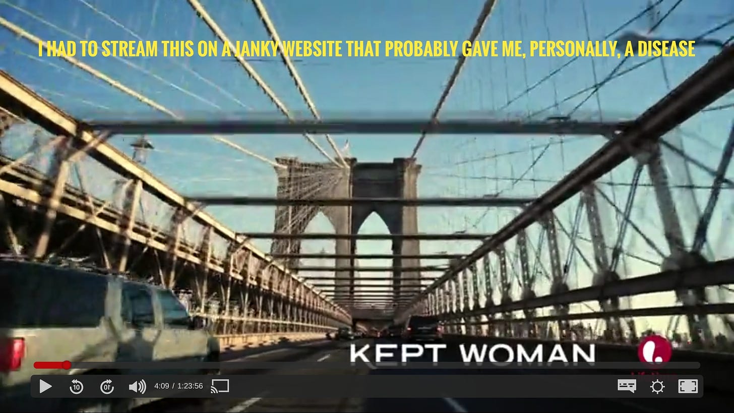 The title of the film over a shot of the Brooklyn Bridge, with the caption "I had to stream this on a janky website that probably gave me, personally, a disease"