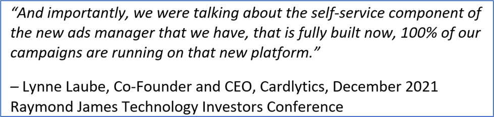 BofA, Cardlytics, CDLX, Bank of America, BofA renewal with Cardlytics, Figg, Rewards Network, Augeo, Lynne Laube, Co-Founder and CEO, Cardlytics, December 2021 Raymond James Technology Investors Conference, CDLX, Swany407, Austin Swanson, Self-Service, New Ads Manager