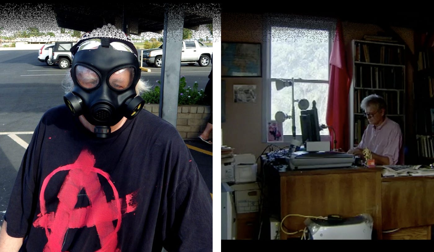 Einar Kvaran ("Carptrash") in an anarchist t-shirt and tiara (left), and at work (right)