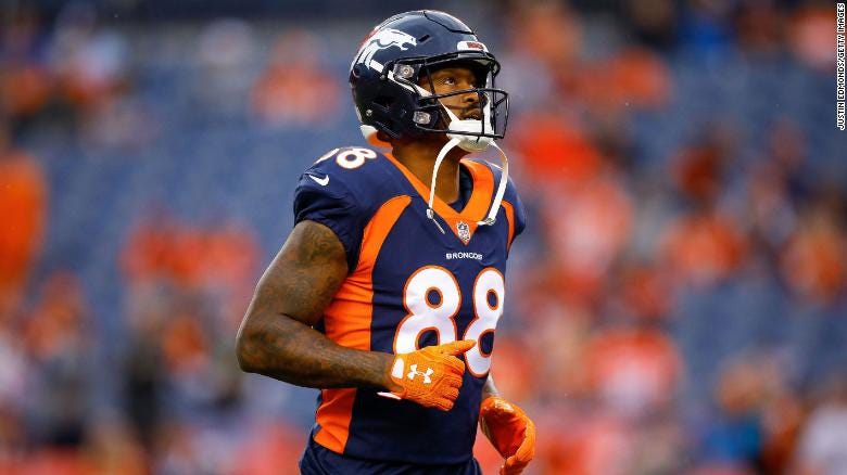 Demaryius Thomas -- seen here in 2018 with the Denver Broncos -- has died at the age of 33, according to police.