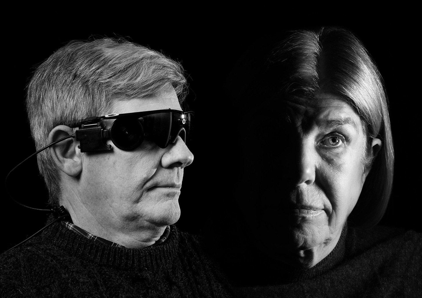 Two headshots side by side show, at left, a man wearing bulky sunglasses with a wire attached to the frame and, at right, a woman whose face is half in shadow.    Info for editor if needed: Ross Doerr and Barbara Campbell