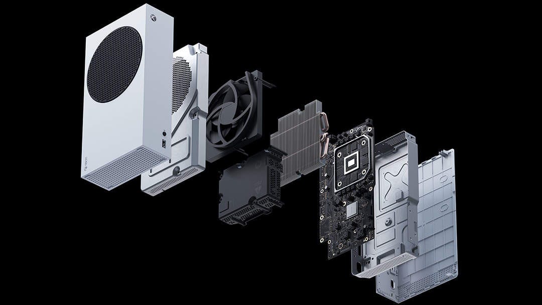 The internal components of the Xbox Series S spread out in a line