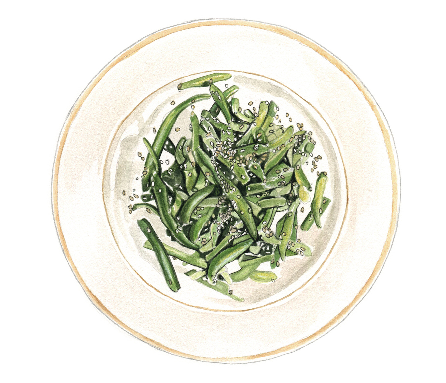 A painting of a gold rimmed plate with green beans on top, sesame seeds sprinkled across. 