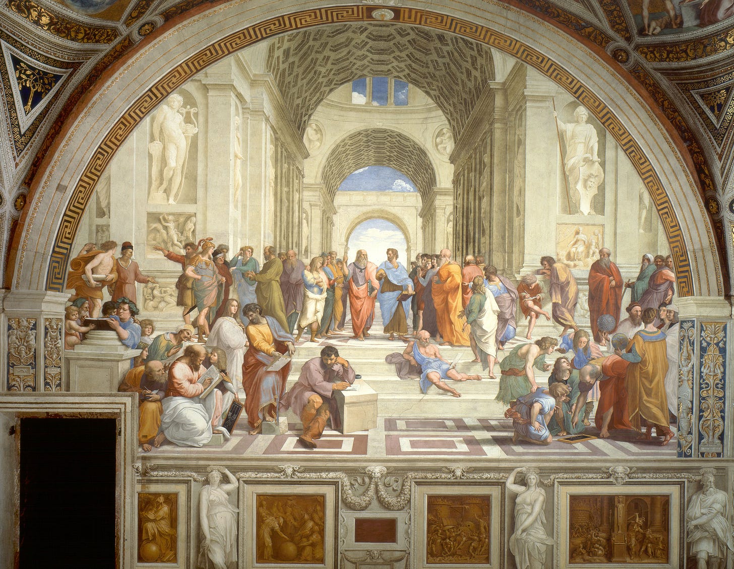 A fresco painting of numerous Greek men in animated discussion within a large Greek temple.