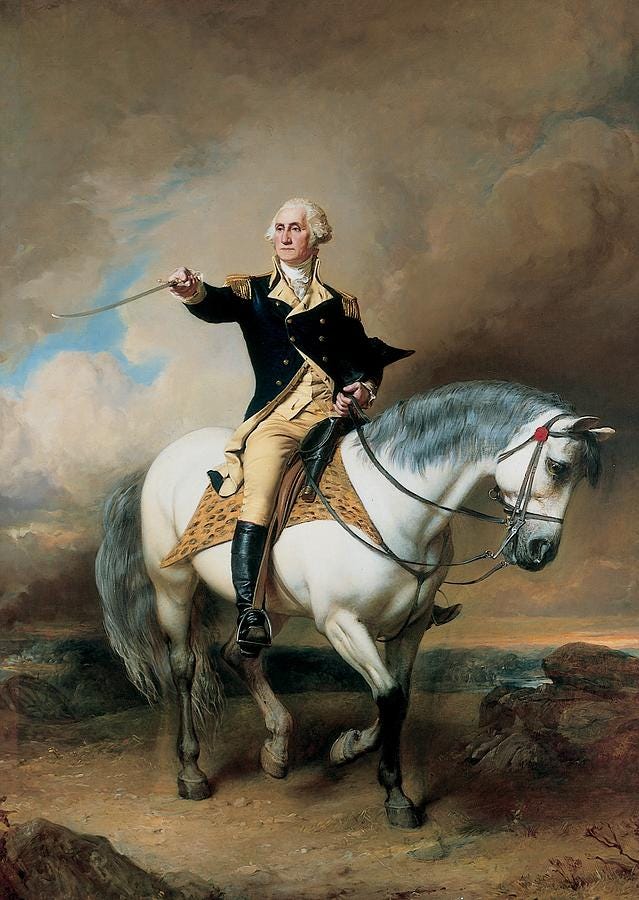 Painting by John Faed depicts George Washington astride his horse Blueskin.