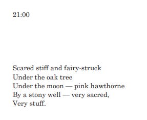 21:00 Scared stiff and fairy-struck Under the oak tree Under the moon — pink hawthorne By a stony well — very sacred, Very stuff.