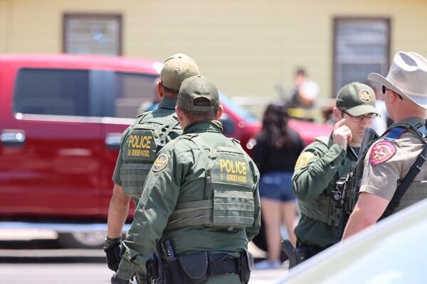 Border Patrol officers outside Robb Elementary School on Tuesday.
