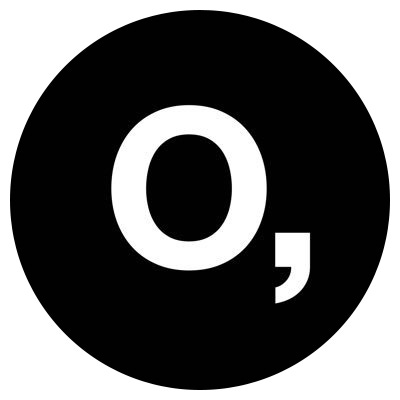 A white O followed by a comma is on a black background. This is the O, Miami logo.