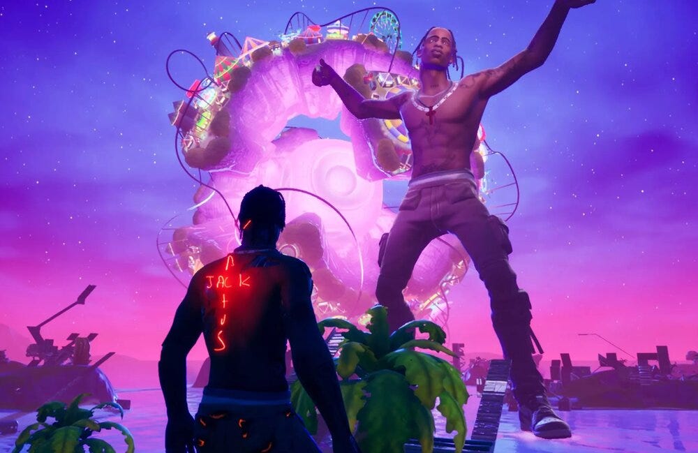 A gamer — clad in a Travis Scott skin — watches the Fortnite festivities take place. A gamer — clad in a Travis Scott skin — watches the Fortnite festivities take place.