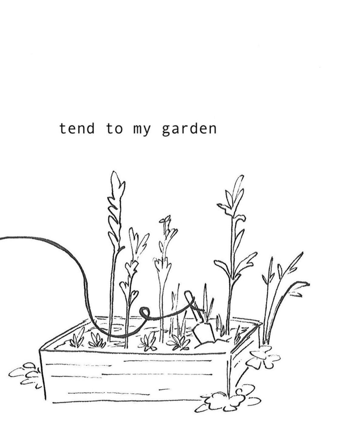 "tend to my garden" the hair digs with a small spade in a flower box with sprouts growing up, not very neatly. 