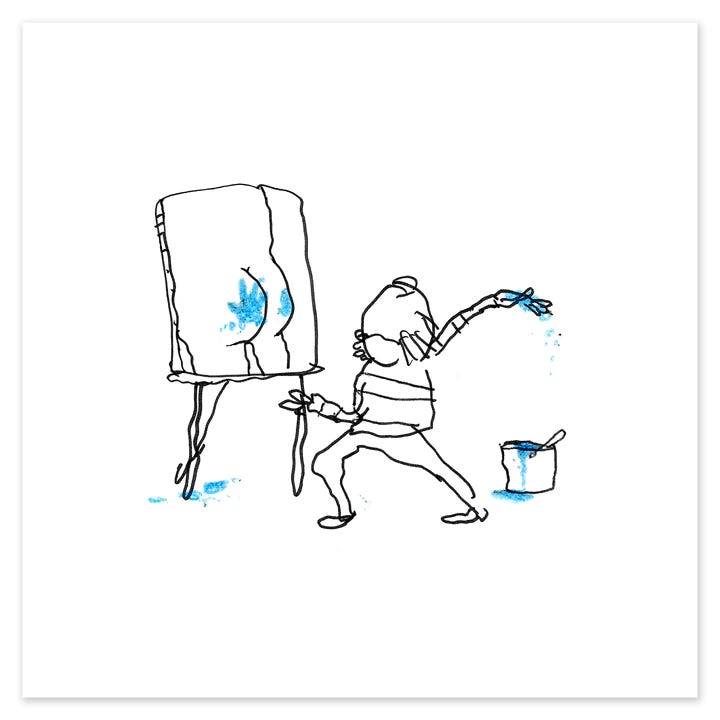The Artist (2019), copyright The Art of Pants - line art drawing of a balding artist standing in front of a canvas; the canvas features a naked butt with a spattered blue handprint, and the artist's arm is cocked back, ready to swing forward, dripping with blue paint