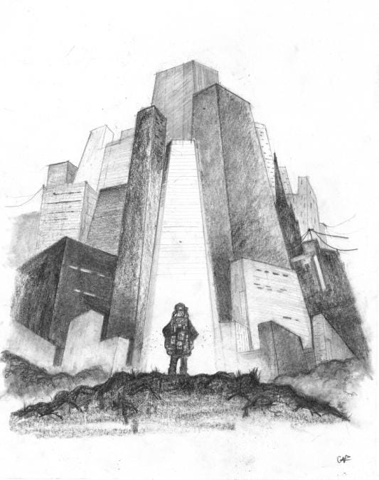 Cover image by Carly A-F. Features a small figure looking up at a large cityscape.