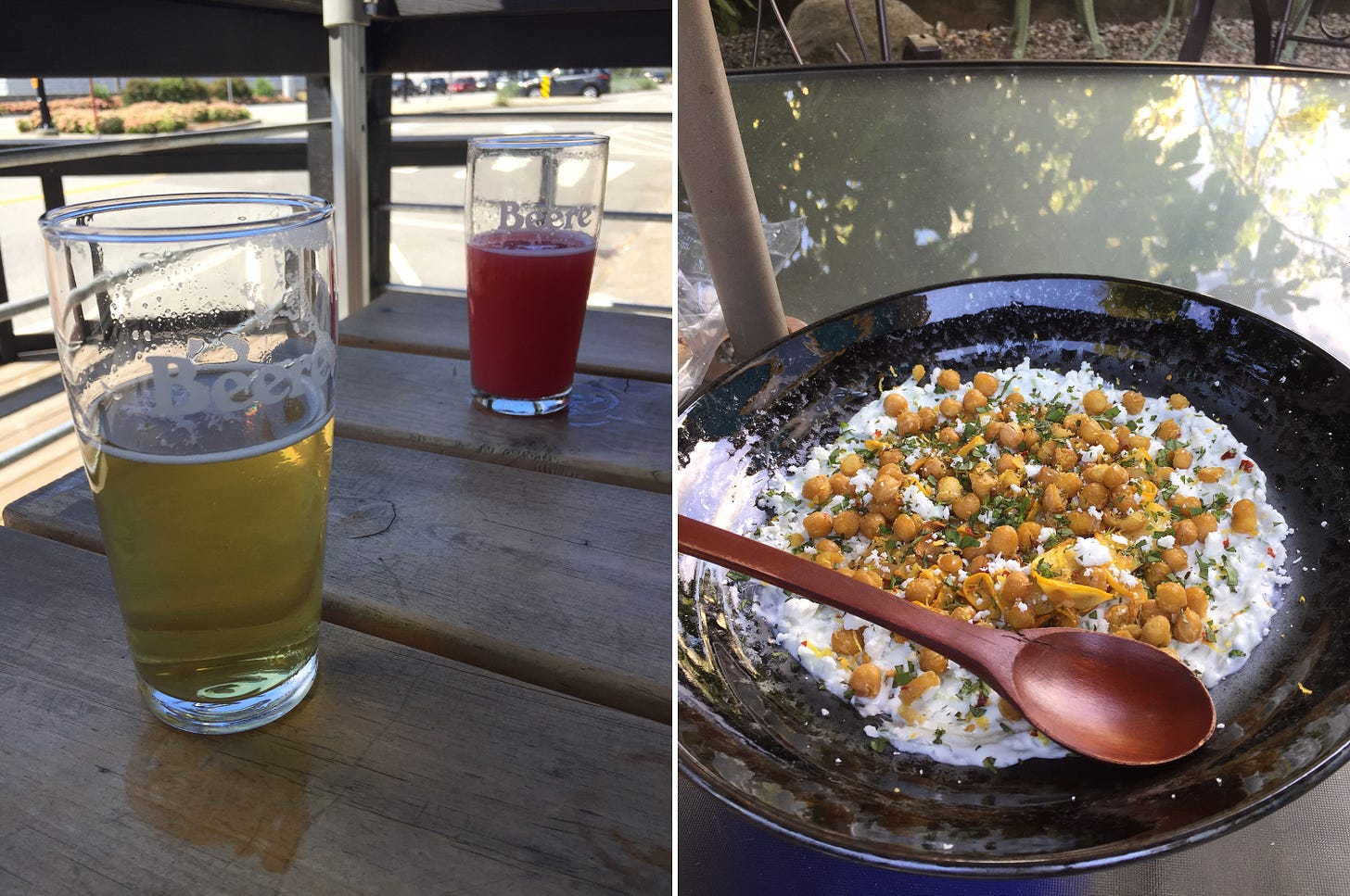 left image: a wooden picnic table with a glass of lager in the foreground and a pink sour in the background. 'Beere' is in white text on both glasses. right image: a black bowl filled with tzatziki, and topped with fried chickpeas, herbs, and yellow zucchini. A wooden spoon sits at an angle in the front of the bowl.